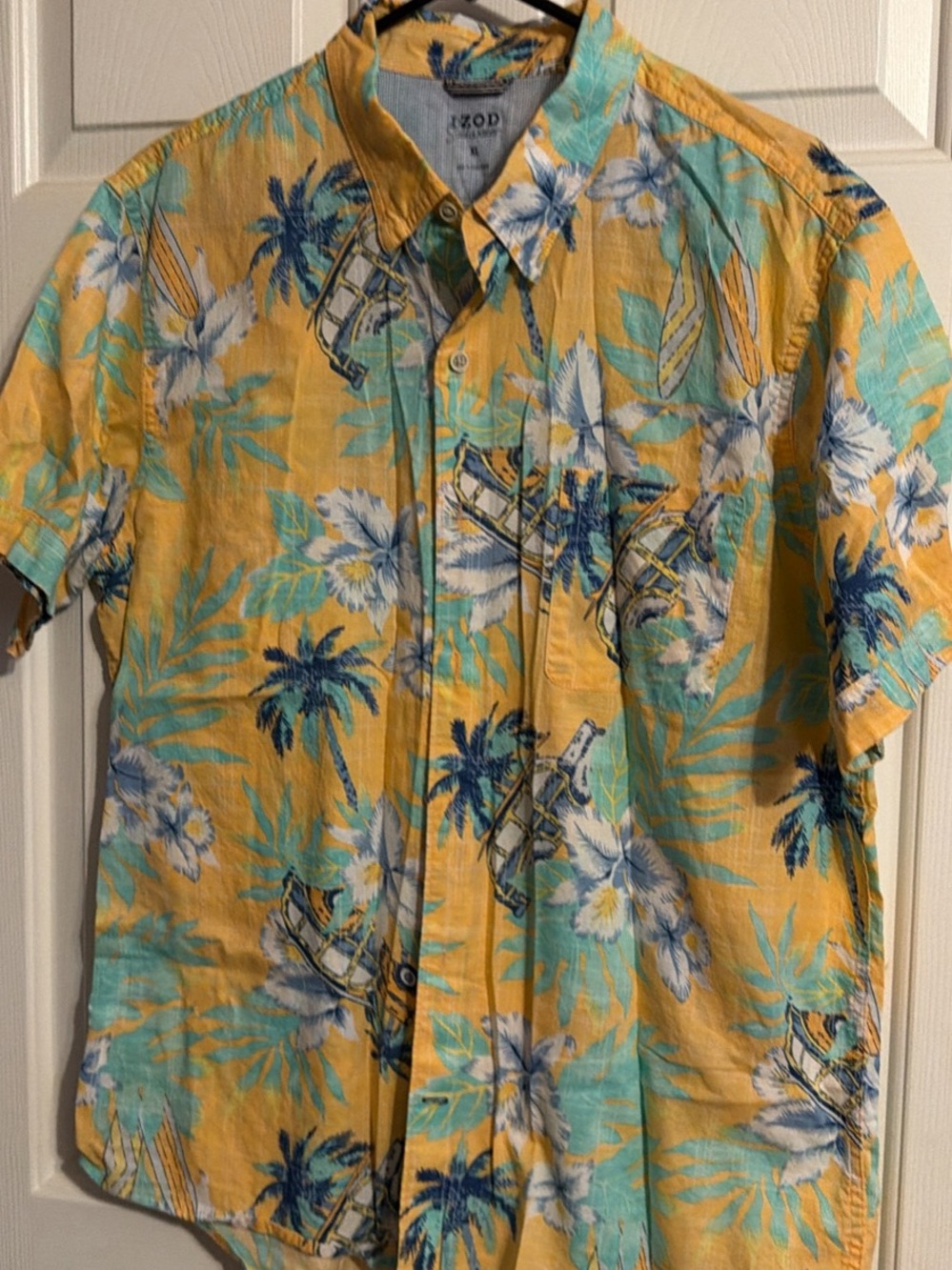 Izod Yellow Tropical Print Button-Down Shirt with Aqua and Blue Accents